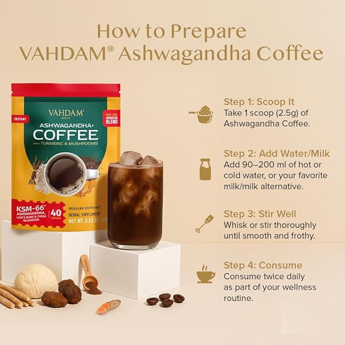 VAHDAM Ashwagandha Coffee with Turmeric, Lion?™s Mane & Chaga Mushroom | Clinically Proven KSM 66