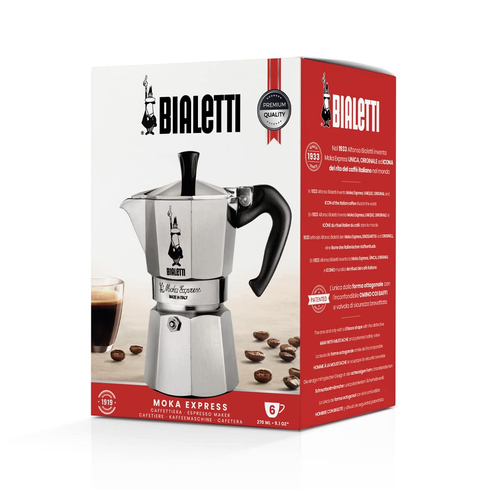 Bialetti Moka Express Iconic Italian Stovetop Espresso Maker (Natural Silver, 6 Cups)