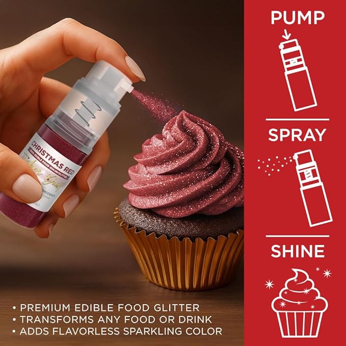 Bakell - Christmas Red Tinker Dust (4g, 1x Mini Spray Pump) Edible Glitter for Food, Desserts, and