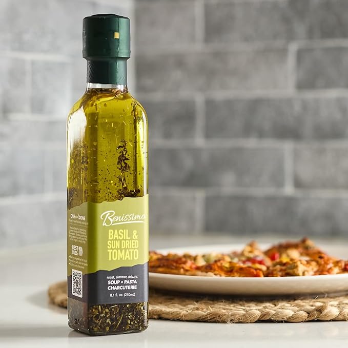 Benissimo Basil and Sun Dried Tomato Herb Infused Oil, All Natural Gourmet Cooking Oil with