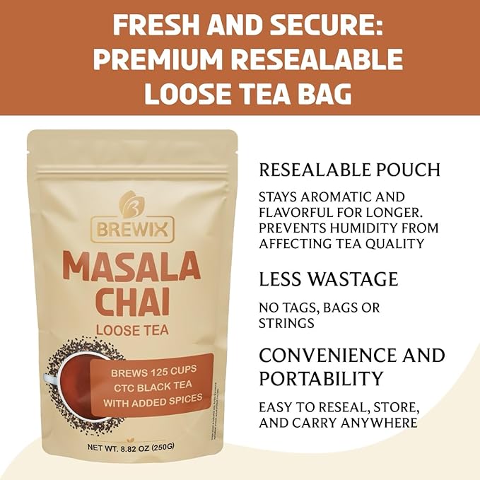BREWIX, Masala Chai Tea Loose Leaf CTC TEA (125+ Cups, 8.82oz/250g) Strong Robust & Aromatic, All