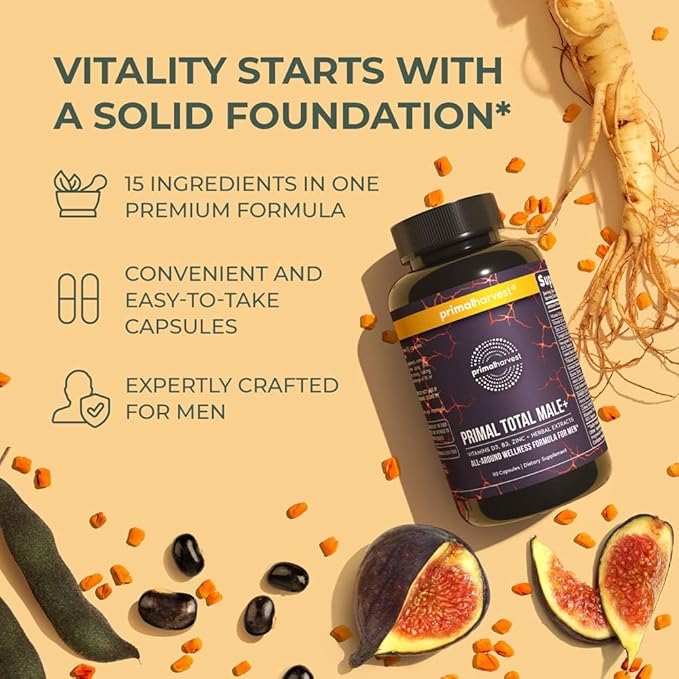Primal Harvest Total Male+ Multivitamin for Men with Essential Vitamins, Minerals and Herbal