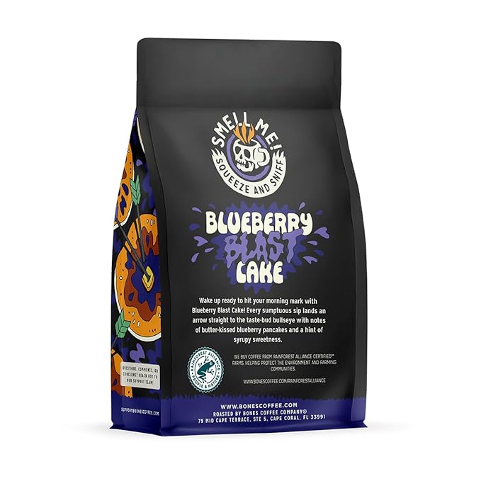 Bones Coffee Company Blueberry Blast Cake, Blueberry Pancakes Flavored Coffee, Medium Roast Low