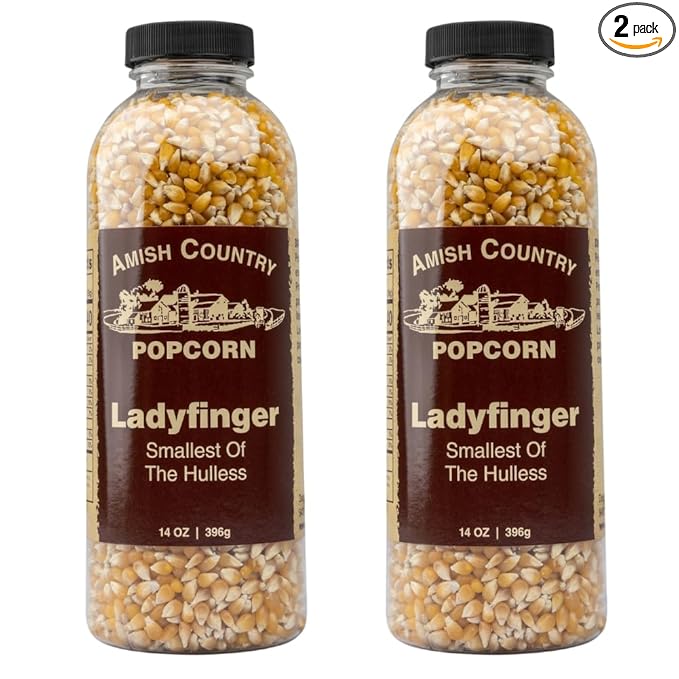 Amish Country Popcorn | 2-14 oz Bottles | Ladyfinger Popcorn Kernels | Old Fashioned, Non-GMO and