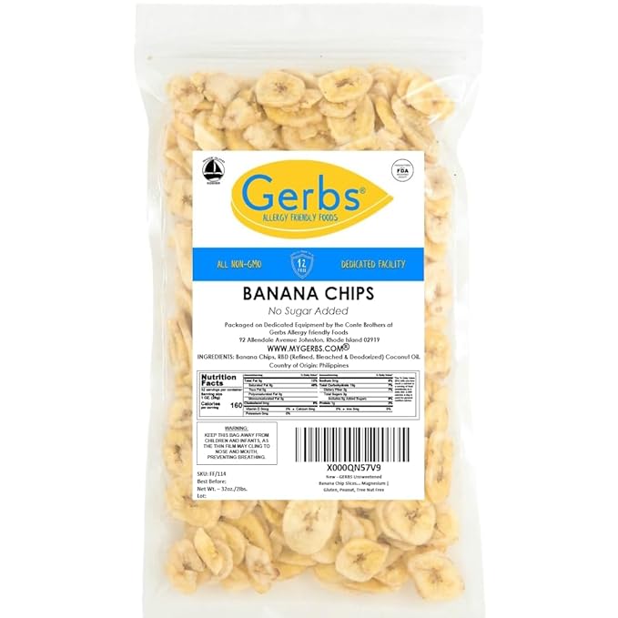 Gerbs Unsweetened Banana Chips 2 lbs. | Unsulfured, No Additives, Resealable Bag | Naturally Crisp