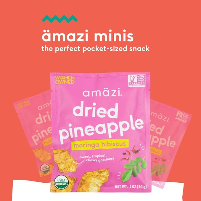Am채zi Foods | Dried Pineapple - Moringa Hibiscus (12 Pack) | All Natural Mini Travel Snacks | No
