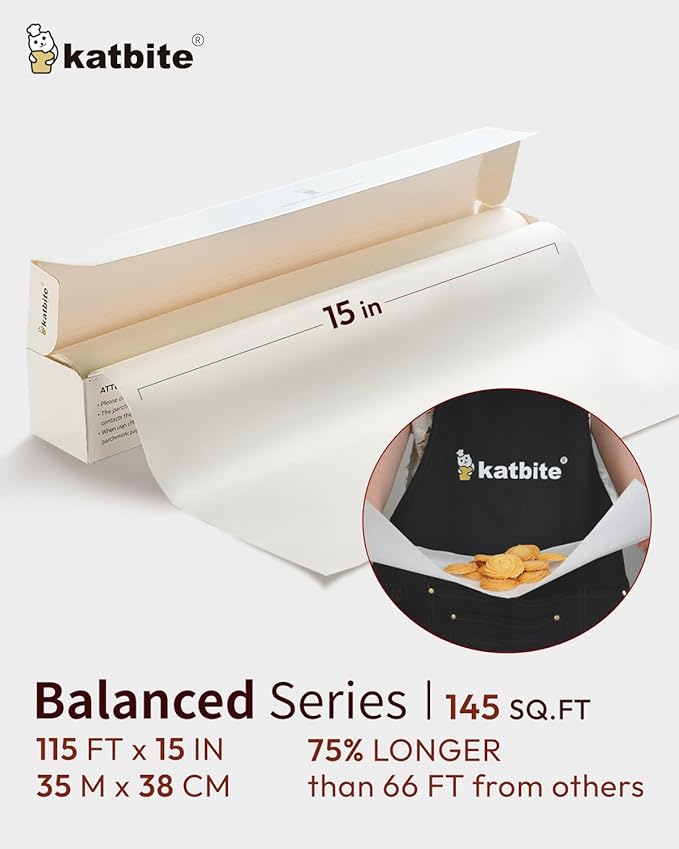 Katbite Parchment Paper Roll 15in x 115ft, White Pachment Baking Paper Roll 145 Sq.Ft, Non-Stick