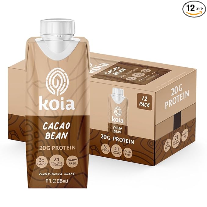 Koia Plant Based Protein Shake, Cacao Bean, 20g Protein, 3g Sugar, 6g Prebiotic Fiber, 21 Vitamins