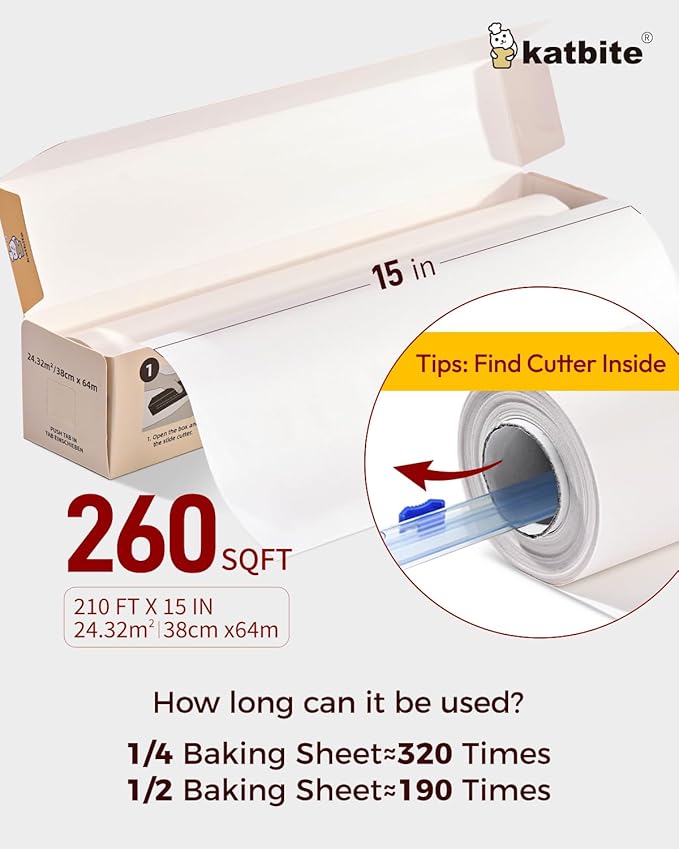 Katbite Parchment Paper Roll for Baking, 2 Pack of 15 in x 210 ft, Heavy Duty Cooking Paper for