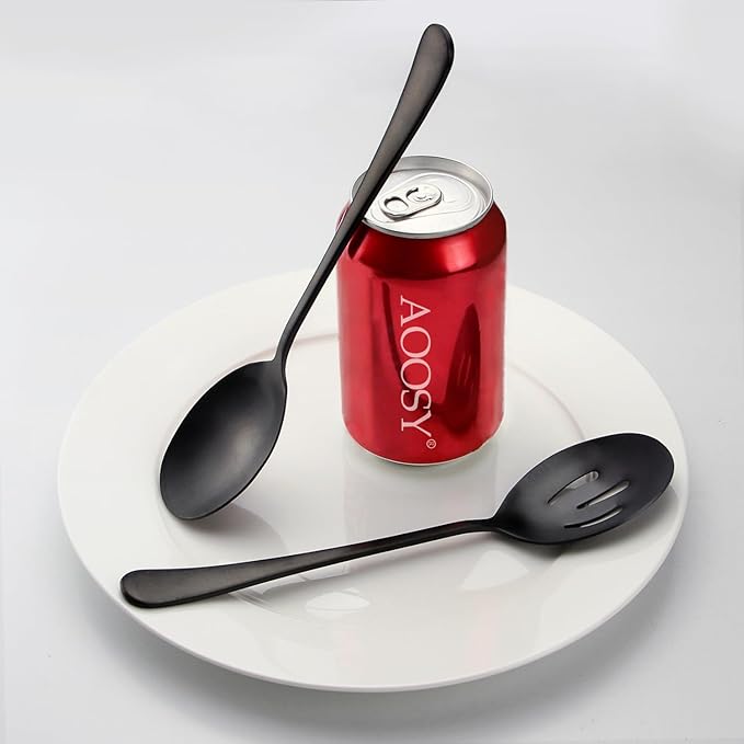 Serving Spoons Set, Black Stainless Steel, 8.7 Inch, Slotted and Solid Serving Utensils for Party