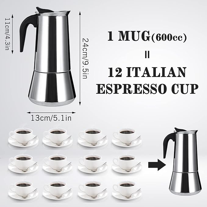 Stainless Steel Stovetop Moka Pot Espresso Maker Percolator 12 Cup 600ml Portable Italian Greca