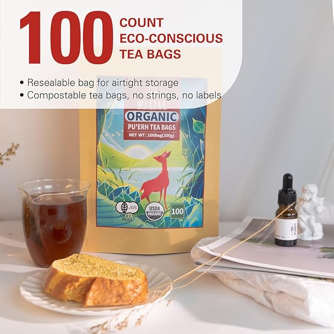 WT WEETEE Organic Puerh Tea Bags, Organic Ripe Pu'erh Tea 100 Count, Smooth, Subtly Sweet, Earthy