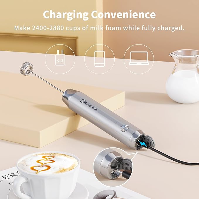 Maestri House Rechargeable Milk Frother with Stand, LunaFro Handheld Electric Foam Maker Waterproof