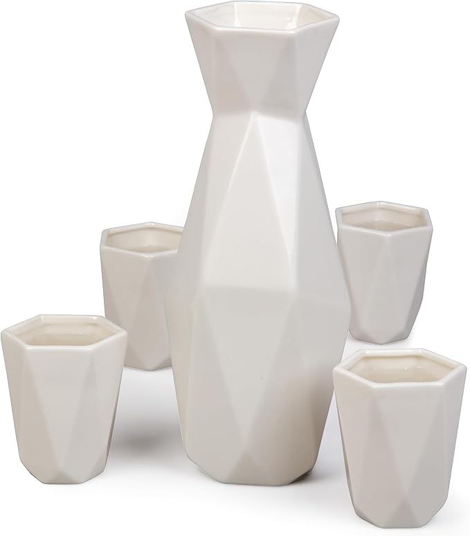 D'Eco 5 Piece Traditional Porcelain Japanese Sake Set, White - 1 Tokkuri Bottle (18 oz) and 4 Ochko