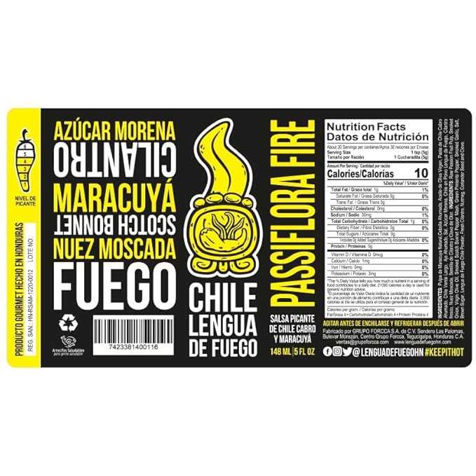 Chile Lengua de Fuego Passiflora Fire Hot Sauce – 1 Bottle – Passion Fruit, Smoked Scotch Bonnet &