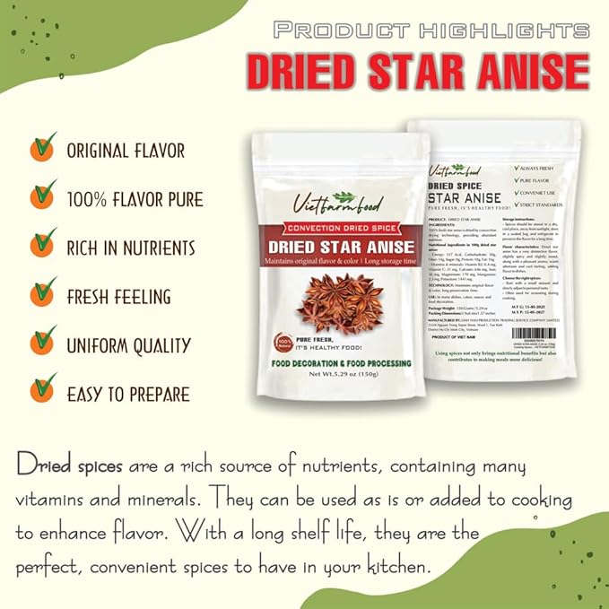 DRIED STAR ANISE 5.29 Oz (150g) VIETFARMFOOD: Natural pure, convection dried seasoning made from