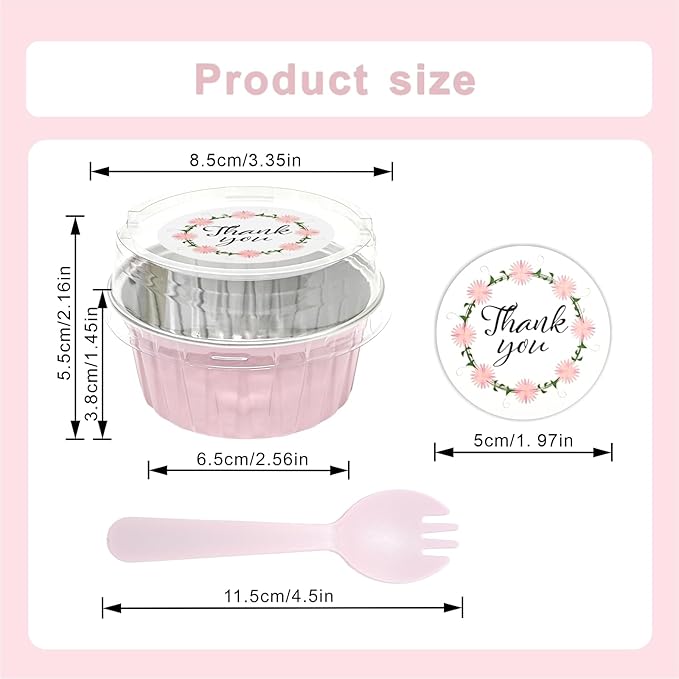 100 PCS Aluminium Foil Baking Cups, Mini Cake Pans with Lids and 100 PCS Spoons, 5 oz Disposable