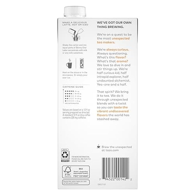 TAZO Skinny Chai Latte Concentrate, Hot or Iced Black Tea, Easy-to-Serve, Everyday Low Calorie