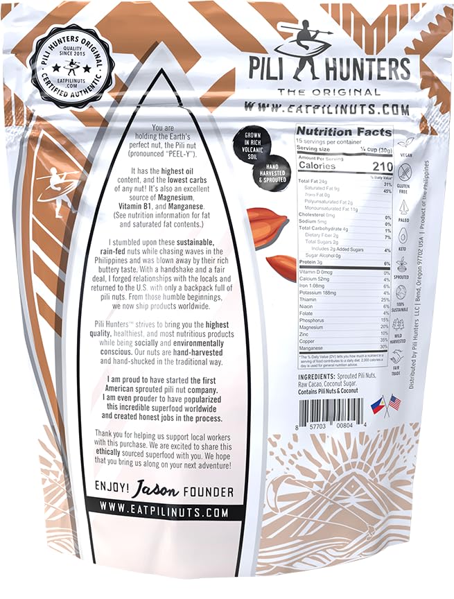 Pili Hunters Wild Sprouted Pili Nuts - Raw Cacao & Organic Coconut Sugar - Paleo & Vegan Keto Snack