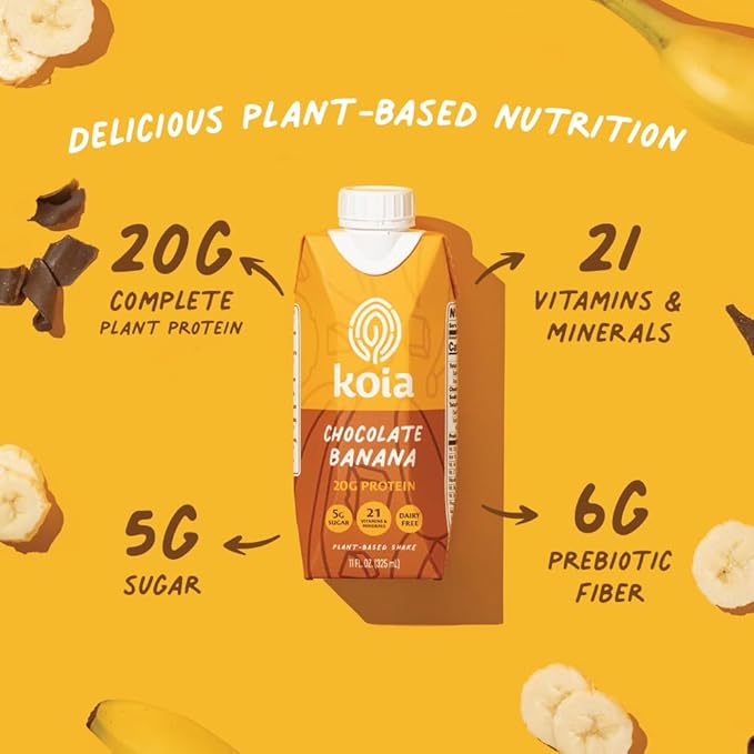 Koia Plant Based Protein Shake, Chocolate Banana, 20g Protein, 5g Sugar, 6g Prebiotic Fiber, 21
