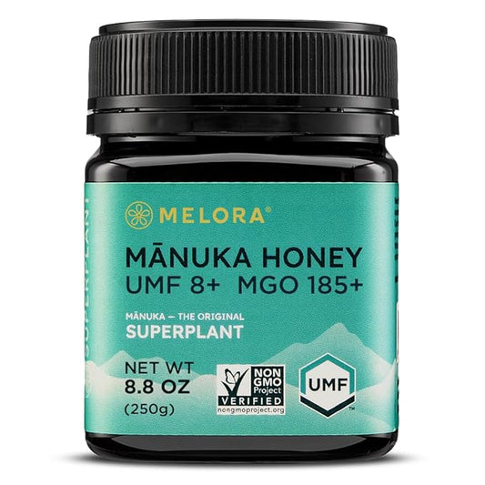 Melora Raw Manuka Honey from New Zealand | UMF 8+ | MGO 185+ | 8.8 Oz Jar | Safe for Skin Care |