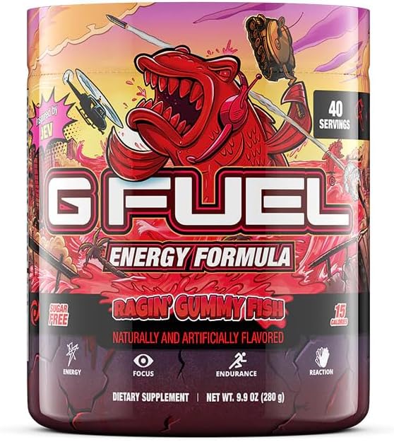 G Fuel Raging Gummy Fish Energy Drink Powder, Pre Workout Caffeine Mix for Gaming, Sugar Free Focus