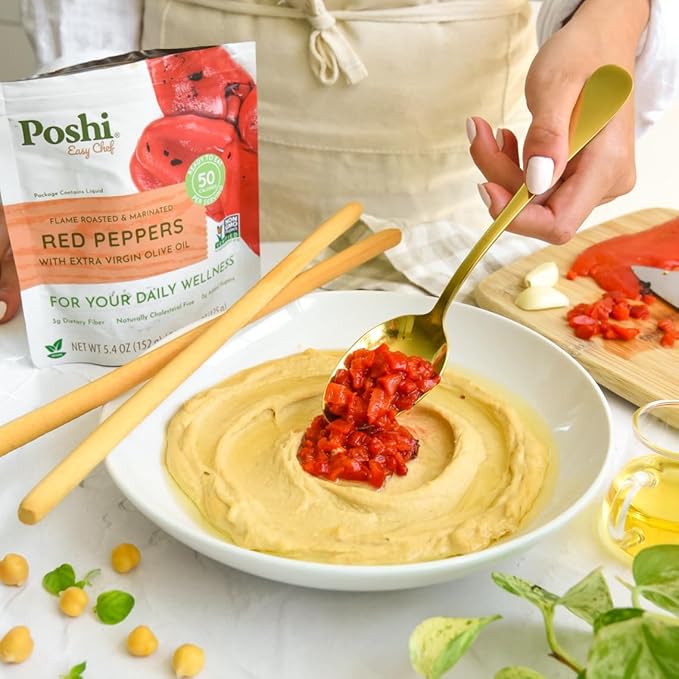 POSHI Flame Roasted Red Peppers in Extra Virgin Olive Oil Natural, Keto, Vegan, Non GMO, Low Carb +