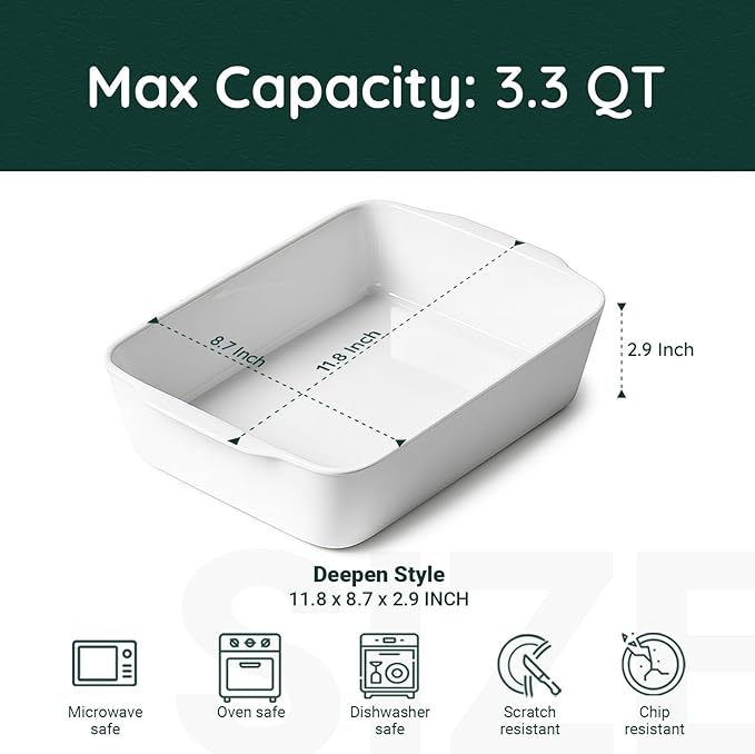 3.3 QT Ceramic Baking Dish, White Casserole Dish竊똋asagna Pan for Oven, Bakeware for Baking, Kitchen