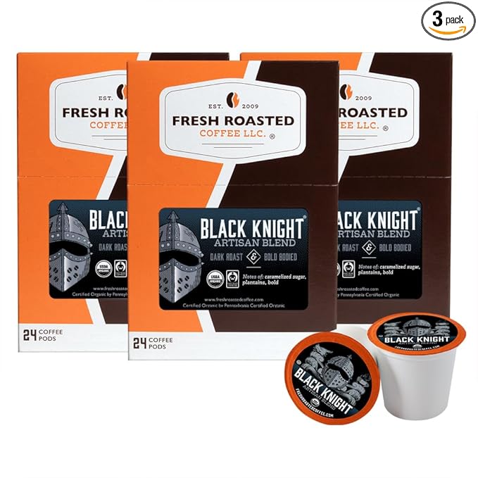 Fresh Roasted Coffee, Organic Black Knight | USDA Organic, Kosher | Dark Roast 72 Pods for K Cup