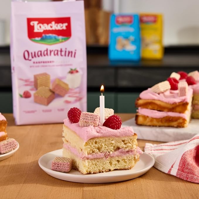 Loacker Quadratini Raspberry Yogurt Wafer Cookies LARGE - 30% Less Sugar - Premium Crispy Bite Size