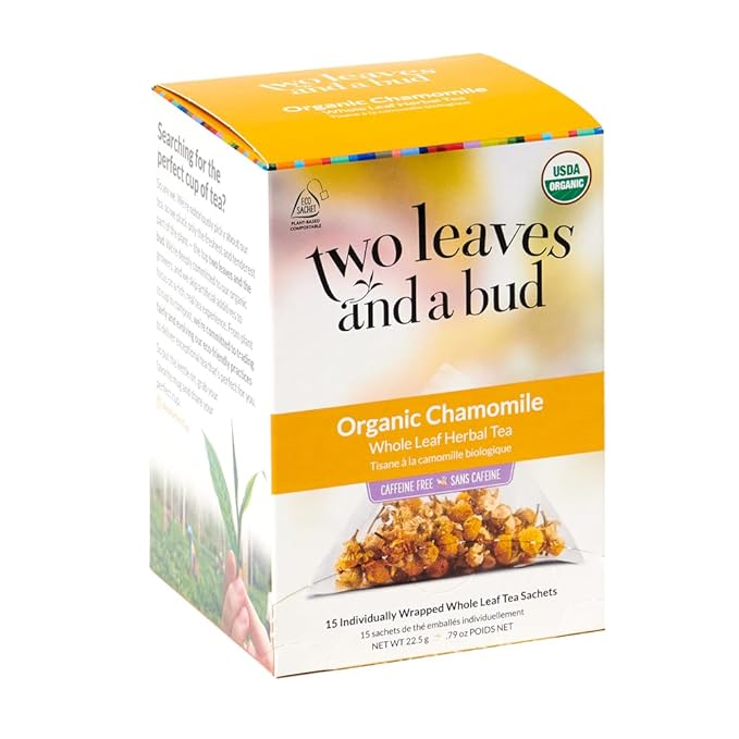 Two Leaves and a Bud Organic Chamomile Herbal Tea Bags, Naturally Caffeine Free, Whole Leaf