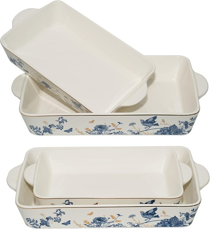 Baking Pans Set of 2 Blue flower 14 inch Ceramic for Oven Large Casserole Baking Dish Set with