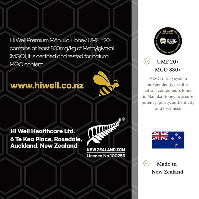 Hi Well Premium New Zealand 100% Manuka Honey UMF 20+ MGO 830+ | Certified Monofloral Raw Honey