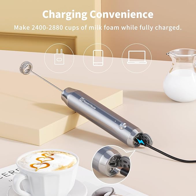 Maestri House Rechargeable Milk Frother with Stand, LunaFro Handheld Electric Foam Maker Waterproof