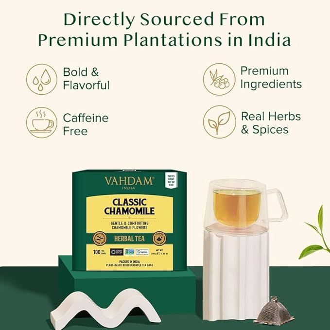 VAHDAM, Chamomile Herbal Tea (100 Pyramid Tea Bags) Resealable Ziplock Pouch | Caffeine Free, Non
