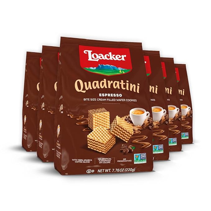 Loacker Quadratini Espresso Wafer Cookies LARGE - 30% Less Sugar - Premium Crispy Bite Size Wafers
