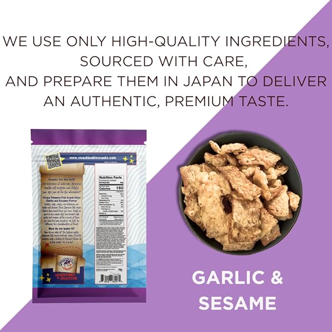 Crispy Tempura Fish Chips Garlic and Sesame Flavor 5.29oz (150g), Made in Japan by Swashbuckle