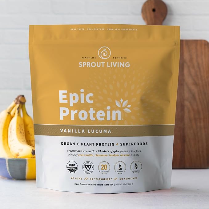 Sprout Living Epic Protein, Plant Based Protein & Superfoods Powder, Vanilla Lucuma Powder | 20