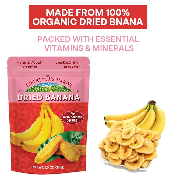 Liberty Orchard Organic Whole Dried Banana - Naturally Sweetened Dried Fruit Snack for Healthy