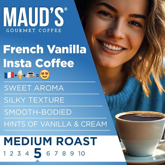 Maud's French Vanilla Instant Coffee, 26 ct, 100% Arabica Coffee, Medium Roast, Instant Hot or Iced