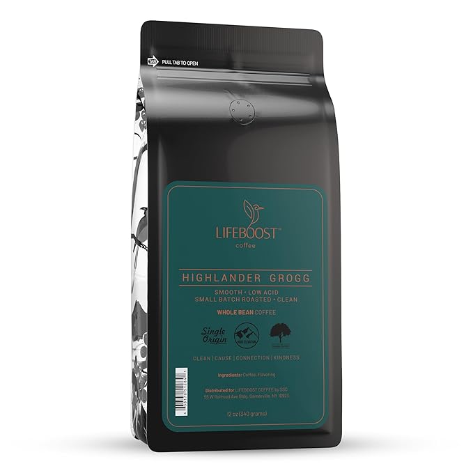 Lifeboost Highlander Grogg Whole Bean Coffee - Non-GMO Low Acid Single Origin Flavored Coffee Beans