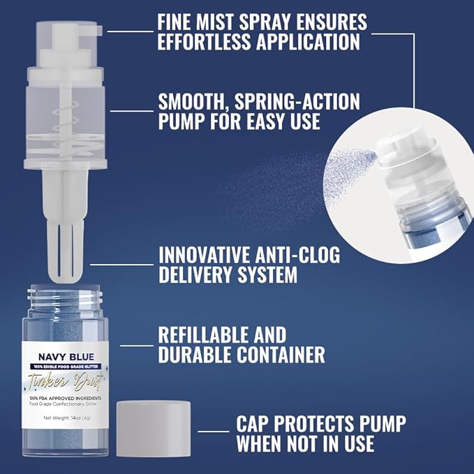 Bakell - Navy Blue Tinker Dust (4g, 1x Mini Spray Pump) Edible Glitter for Food, Desserts, and