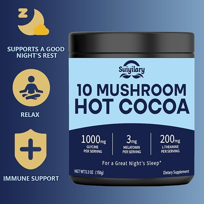 10 Mushroom Hot Cocoa, 3mg Melatonin Sleep Supplement, Sugar Free Keto Cocoa Powder, Nighttime