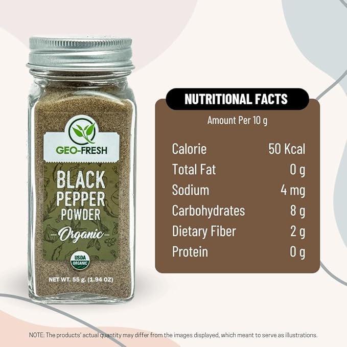 Geo-Fresh Organic Black Pepper Powder ??1.94 oz Glass Jar ??Black Pepper Ground ??USDA Certified