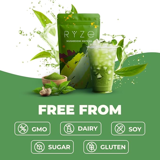 RYZE SUPERFOODS Mushroom Matcha, USDA Organic with 6 Adaptogenic Mushrooms and Ceremonial-Grade