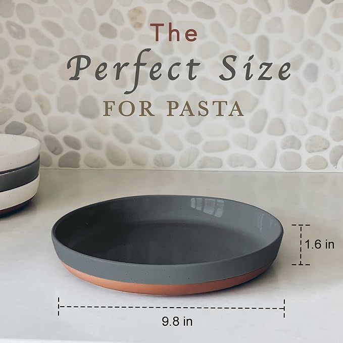 Mora Ceramic Flat Pasta Bowl Set of 4-35oz, Microwave Safe Plate with High Edge - Modern Dinnerware