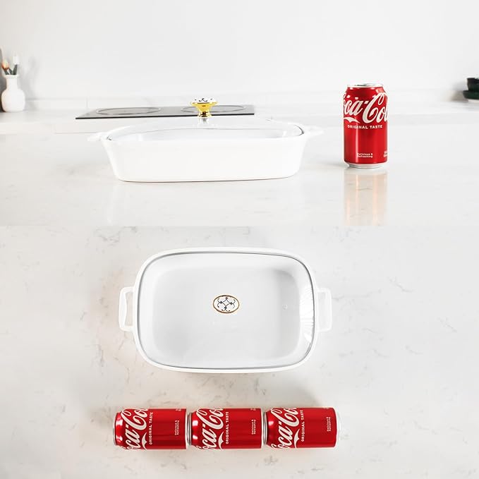 11" x 8" Ceramic Rectangular Casserole Dish with Glass Lid, 1.6 Quart White Serving Soup