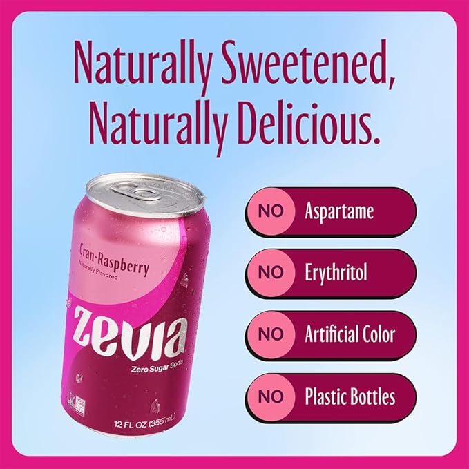 Zevia Zero Sugar Soda, Cran-Raspberry, 12 oz Cans (24-Pack) ??Naturally Sweetened, Non-GMO Project