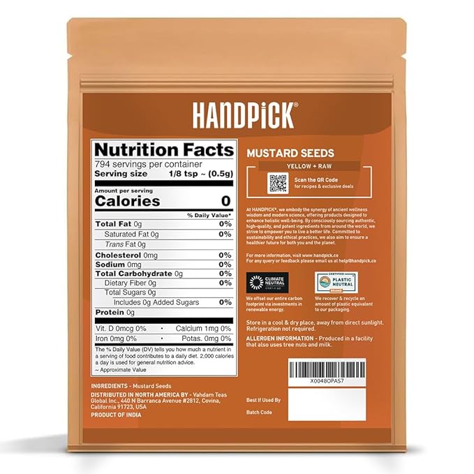 HANDPICK Yellow Mustard Seed (397g/14oz) Non GMO, Gluten Free, 100% Raw, Sourced from India, For