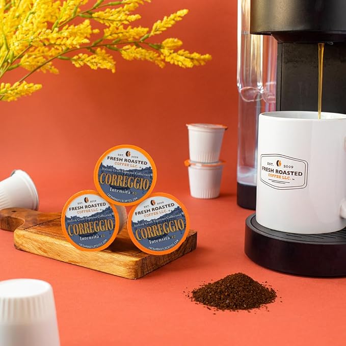Fresh Roasted Coffee, Correggio Italian Craft Artisan Blend, Dark Roast, Kosher, 24 Pods for K cup